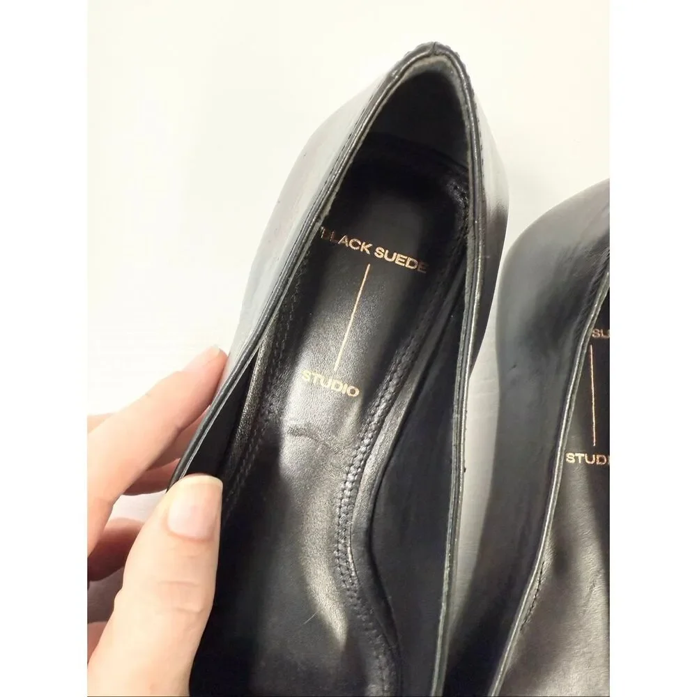 Black Suede Studio Womens Black Leather Aria Embellished Toe Cap Flats Size 5.5